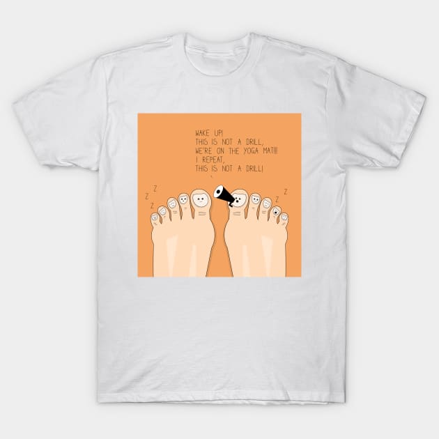 Funny illustration of feet on the yoga mat T-Shirt by SooperYela